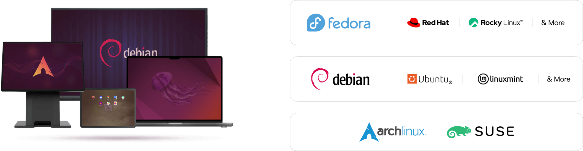 A collection of digital devices with screens of different Linux distributions like Debian, Arch, Mint, and Ubuntu.