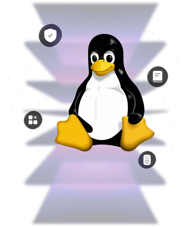 Tux surrounded by four icons representing security management, remote management, application management and report management.