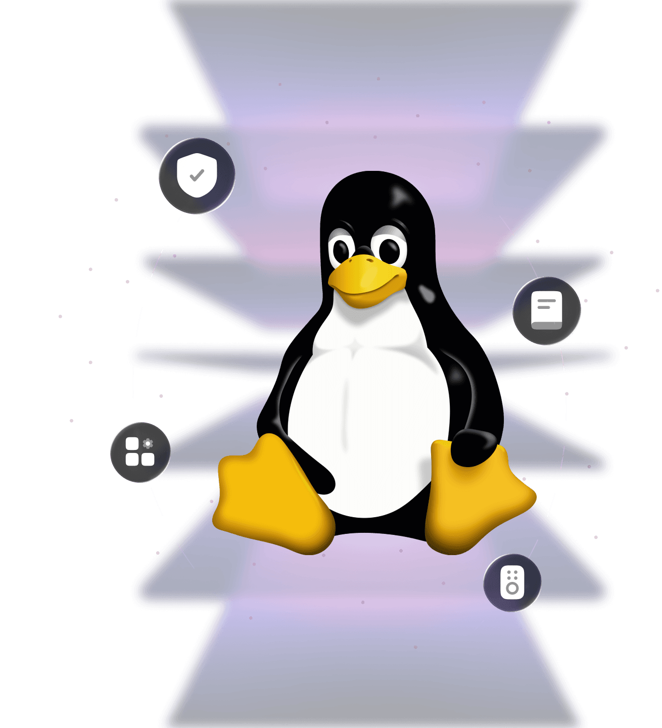 Tux surrounded by four icons representing security management, remote management, application management and report management.