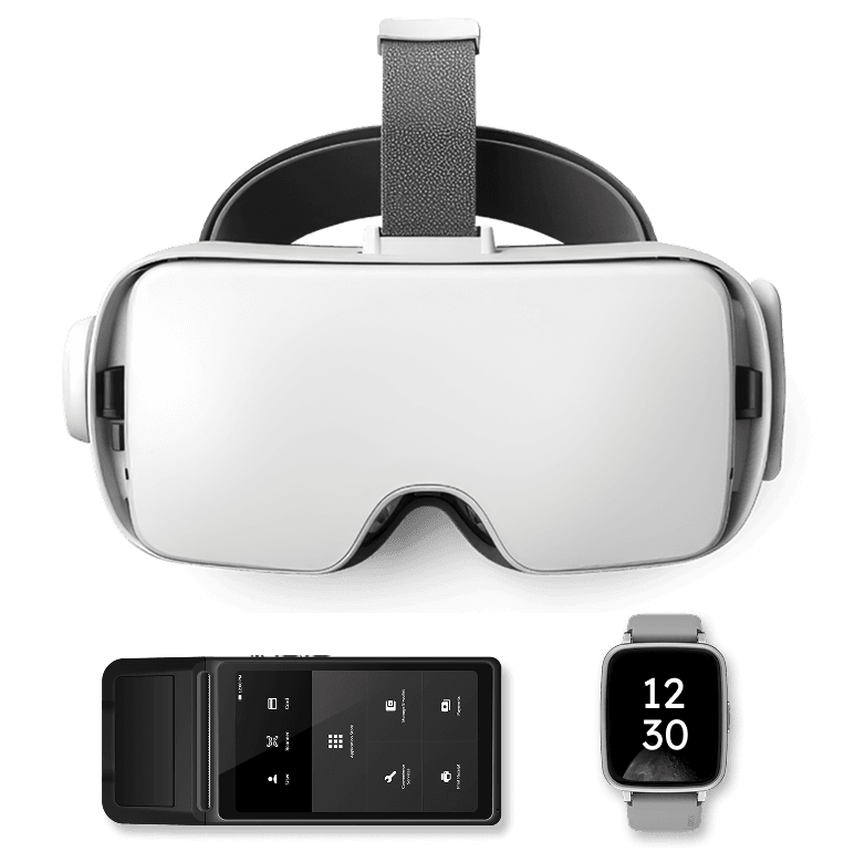Image featuring a VR headset, a smartwatch, and a small IoT controller, showcasing specialized IoT Management for niche devices and wearables.