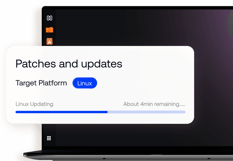 A window titled 'Patches and updates' overlays a laptop screen, showing the progress bar of a Linux Update with about 4min remaining.